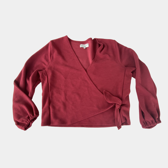 Madewell Texture & Thread Red Crepe Wrap Blouse Side Tie Long Sleeve - Picture 2 of 5